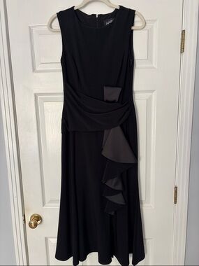 Joseph Ribkoff Black Sleeveless Midi Dress with Draped Ruffle